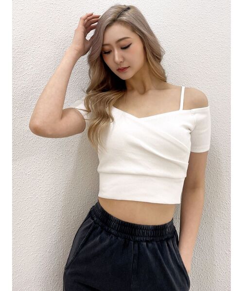 tシャツ ハーフスリーブカシュクールオフショルショートトップス レディース ハーフスリーブカシュクールオフショルショートトップス（T