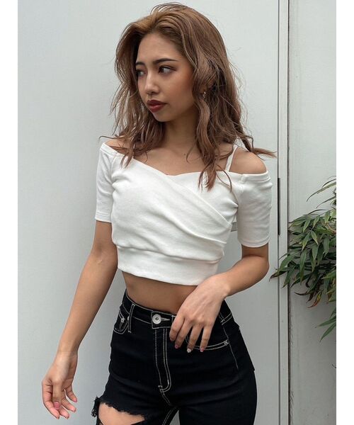 GYDA（ジェイダ）の「ハーフスリーブカシュクールオフショルショートトップス（Tシャツ/カットソー・レディース・オフホワイト/ブラック/スカイブルー・FREE）」の19枚目の写真
