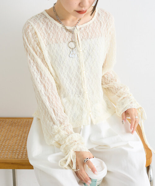 w closet(ダブルクローゼット)の「ドロストレースカーディガン(シャツ/ブラウス・レディース・アイボリー/ブラック/イエロー・FREE)」の2枚目の写真