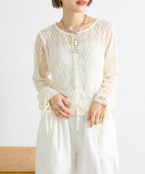 w closet(ダブルクローゼット)の「ドロストレースカーディガン(シャツ/ブラウス・レディース・アイボリー/ブラック/イエロー・FREE)」の6枚目の写真