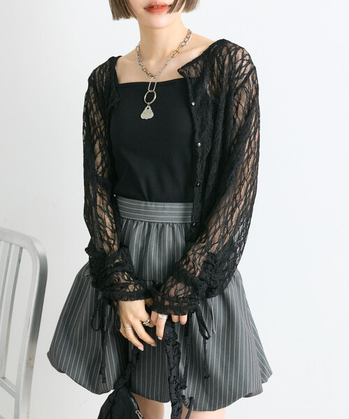 w closet(ダブルクローゼット)の「ドロストレースカーディガン(シャツ/ブラウス・レディース・アイボリー/ブラック/イエロー・FREE)」の18枚目の写真