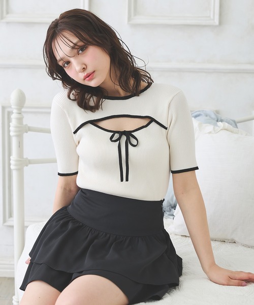 リボン付きクリーム色半袖ニット MAISON DE THERESE ニット セーター スクエアネック ギャザー紐