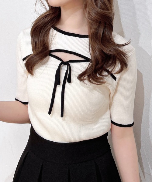 INGNI（イング）の「リボン付配色デコルテオープン半袖ニット（ニット/セーター・レディース・ホワイト×ブラック/ブラック×ホワイト/ピンク系2・M）」の14枚目の写真