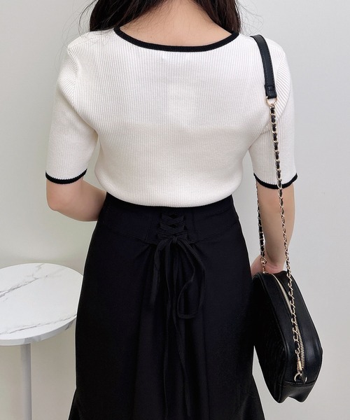 INGNI（イング）の「リボン付配色デコルテオープン半袖ニット（ニット/セーター・レディース・ホワイト×ブラック/ブラック×ホワイト/ピンク系2・M）」の20枚目の写真