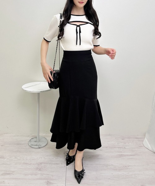 INGNI（イング）の「リボン付配色デコルテオープン半袖ニット（ニット/セーター・レディース・ホワイト×ブラック/ブラック×ホワイト/ピンク系2・M）」の21枚目の写真