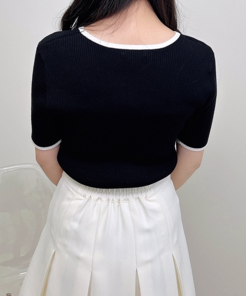 INGNI（イング）の「リボン付配色デコルテオープン半袖ニット（ニット/セーター・レディース・ホワイト×ブラック/ブラック×ホワイト/ピンク系2・M）」の5枚目の写真