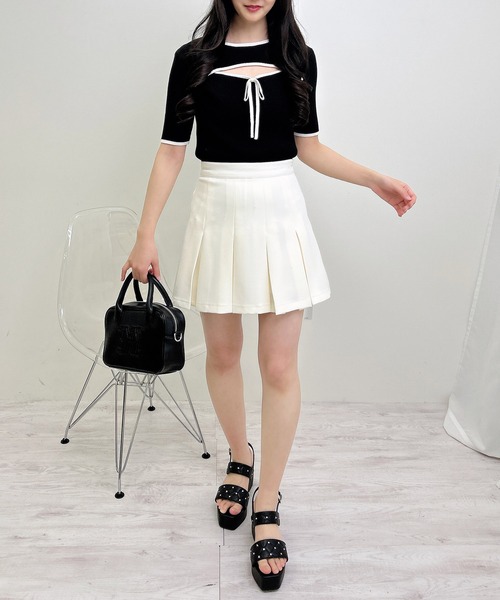 INGNI（イング）の「リボン付配色デコルテオープン半袖ニット（ニット/セーター・レディース・ホワイト×ブラック/ブラック×ホワイト/ピンク系2・M）」の6枚目の写真