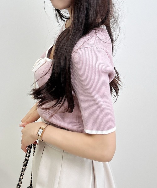 INGNI（イング）の「リボン付配色デコルテオープン半袖ニット（ニット/セーター・レディース・ホワイト×ブラック/ブラック×ホワイト/ピンク系2・M）」の10枚目の写真