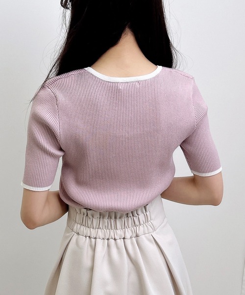 INGNI（イング）の「リボン付配色デコルテオープン半袖ニット（ニット/セーター・レディース・ホワイト×ブラック/ブラック×ホワイト/ピンク系2・M）」の11枚目の写真