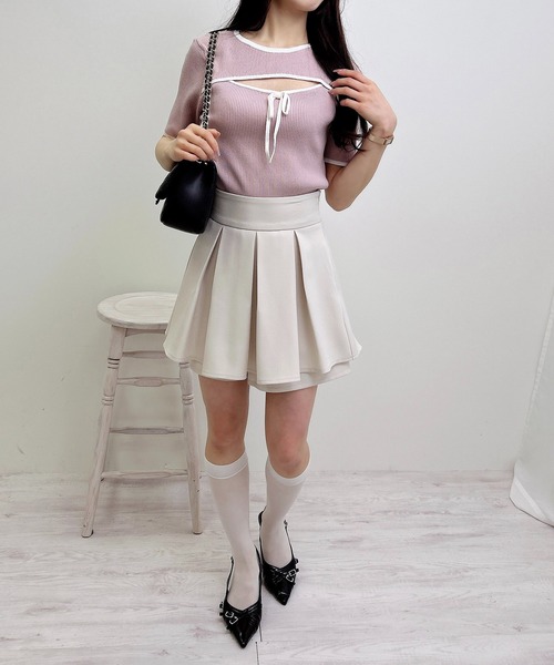 INGNI（イング）の「リボン付配色デコルテオープン半袖ニット（ニット/セーター・レディース・ホワイト×ブラック/ブラック×ホワイト/ピンク系2・M）」の12枚目の写真