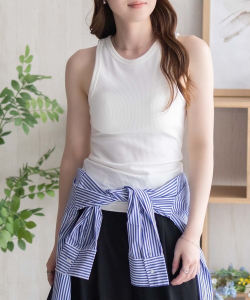 NAVY(ネイビー)の「nAvy カップ付き リブアメリカンスリーブタンク【抗菌防臭 ドライ加工】(タンクトップ・レディース・ホワイト/ブラック/セージグリーン・S/L/M)」の2枚目の写真