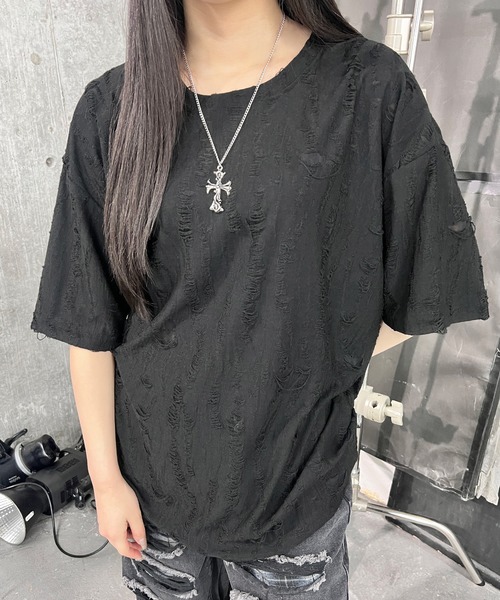 Figments（フィグメンツ）の「マイクロダメージビッグＴ（Tシャツ/カットソー・レディース・ブラック/ダークグレー・FREE）」の7枚目の写真