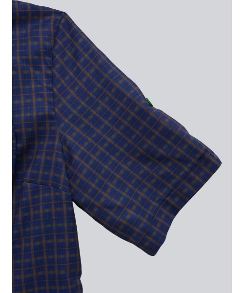 ブラウス シャツ レトロ チェック ボタン シャツ チェックシャツ 半袖 ブルー アシンメトリー 夏服 レディース セール】レトロ チェック ボタン シャツ チェックシャツ 半袖