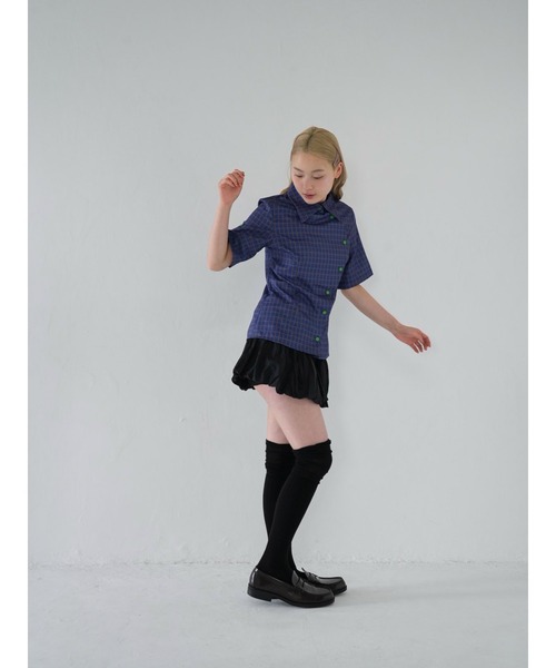 ブラウス シャツ レトロ チェック ボタン シャツ チェックシャツ 半袖 ブルー アシンメトリー 夏服 レディース セール】レトロ チェック ボタン シャツ チェックシャツ 半袖