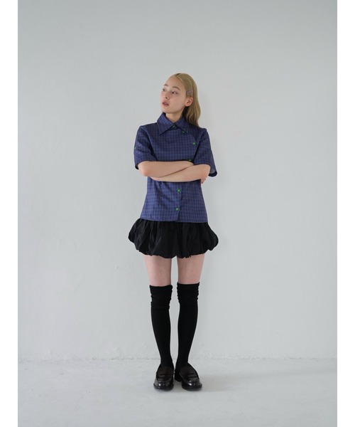 ブラウス シャツ レトロ チェック ボタン シャツ チェックシャツ 半袖 ブルー アシンメトリー 夏服 レディース セール】レトロ チェック ボタン シャツ チェックシャツ 半袖