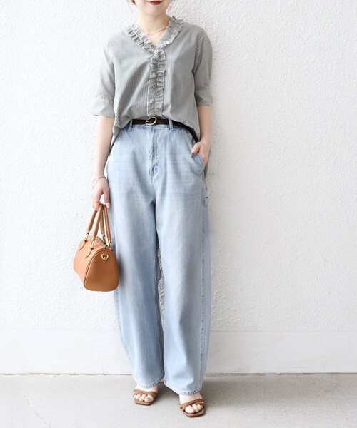 SHIPS for women / シップスウィメン SHIPS any:〈手洗い可能〉ストライプ フリル Vネック ハーフスリーブ ブラウス SHIPS any:〈手洗い可能〉ストライプ フリル Vネック シャツ