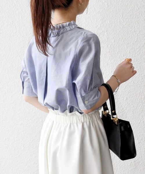 SHIPS for women / シップスウィメン SHIPS any:〈手洗い可能〉ストライプ フリル Vネック ハーフスリーブ ブラウス SHIPS｜SHIPS any:<手洗い可能>ストライプ フリル Vネック