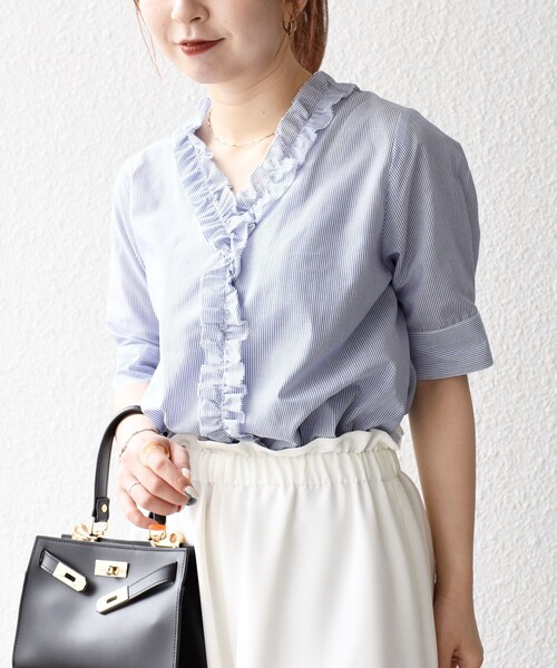 セール】SHIPS any:〈手洗い可能〉ストライプ フリル Vネック