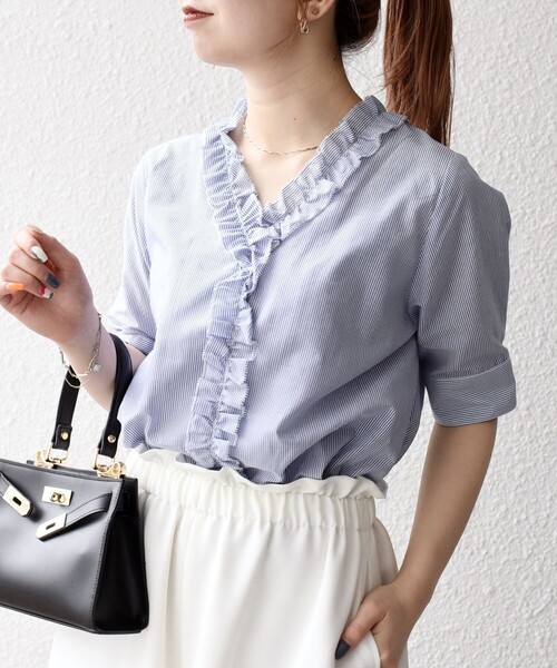 SHIPS for women / シップスウィメン SHIPS any:〈手洗い可能〉ストライプ フリル Vネック ハーフスリーブ ブラウス SHIPS｜SHIPS any:<手洗い可能>ストライプ フリル Vネック