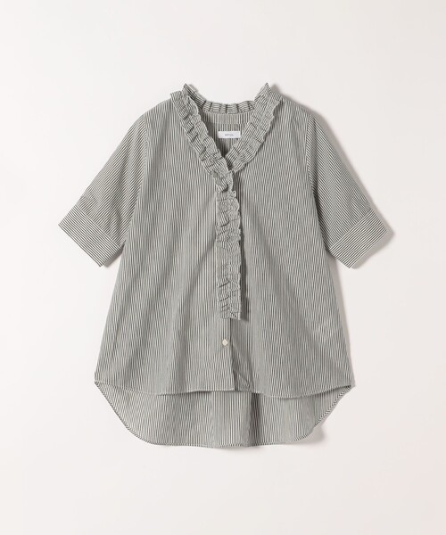 未使用 SHIPS any ストライプ フリル Vネック 長袖シャツ オリーブ SHIPS any ブラウス シャツ any:「手洗い可能」ストライプ