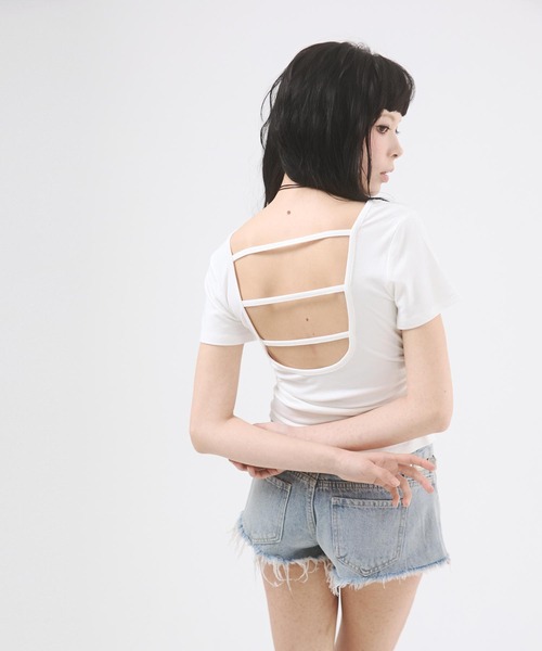 セール】サイドギャザーバックオープントップス（Tシャツ