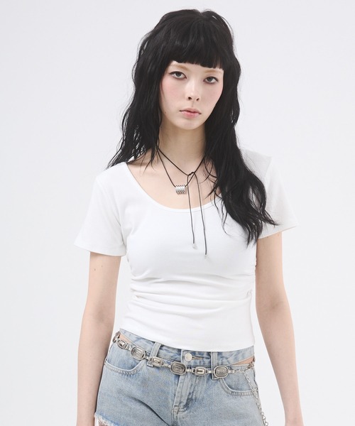 セール】サイドギャザーバックオープントップス（Tシャツ