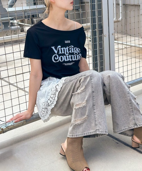 SpRay(スプレイ)の「フロッキーロゴオフショルトップス(Tシャツ/カットソー・レディース・ホワイト/グレー/ブラック/ブラウン/ボルドー・FREE)」の18枚目の写真