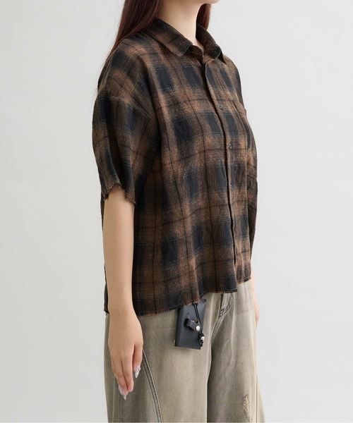 EPNK（イーピーエヌケー）の「【EPNK】Tie-dye cut off half check shirt /  タイダイカットオフハーフチェックシャツ（シャツ/ブラウス・メンズ・ブラック/ネイビー/ブラウン・SMALL/MEDIUM/LARGE）」の6枚目の写真