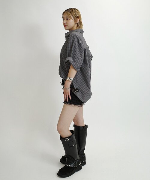 WHO'S WHO gallery（フーズフーギャラリー）の「【KOOKY'N/クーキー】チェック半袖シャツ（シャツ/ブラウス・レディース・ブラック/グリーン・FREE）」の6枚目の写真