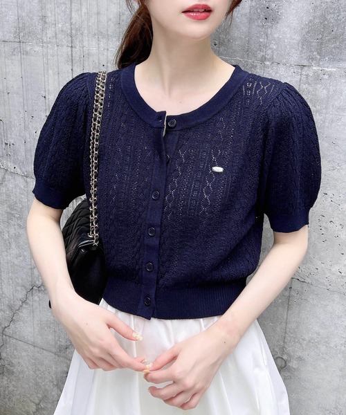 INGNI(イング)の「プレート付パターンメッシュ半袖ニットカーディガン(カーディガン/ボレロ・レディース・ピンク/レッド/ネイビー/オフホワイト・M)」の3枚目の写真