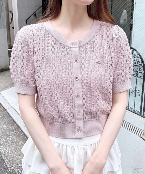 INGNI(イング)の「プレート付パターンメッシュ半袖ニットカーディガン(カーディガン/ボレロ・レディース・ピンク/レッド/ネイビー/オフホワイト・M)」の1枚目の写真