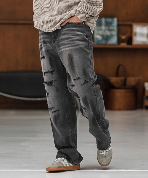 CAMBIO(カンビオ)の「mp13856-Distressed Denim Relax Straight Pants デニムパンツ(デニムパンツ・メンズ・ブラック/インディゴブルー・S/M/L)」の1枚目の写真