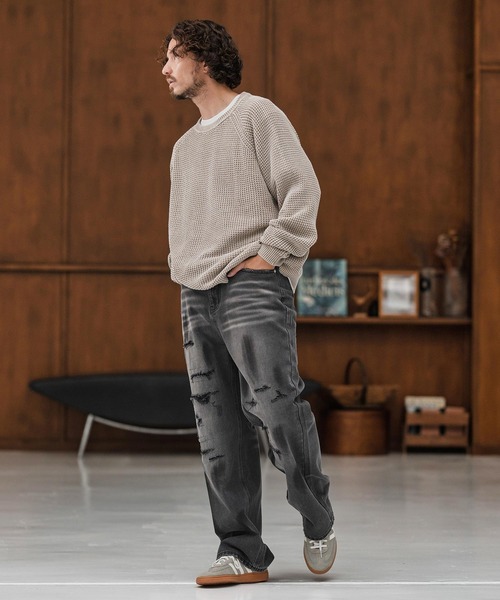 CAMBIO(カンビオ)の「mp13856-Distressed Denim Relax Straight Pants デニムパンツ(デニムパンツ・メンズ・ブラック/インディゴブルー・S/M/L)」の3枚目の写真