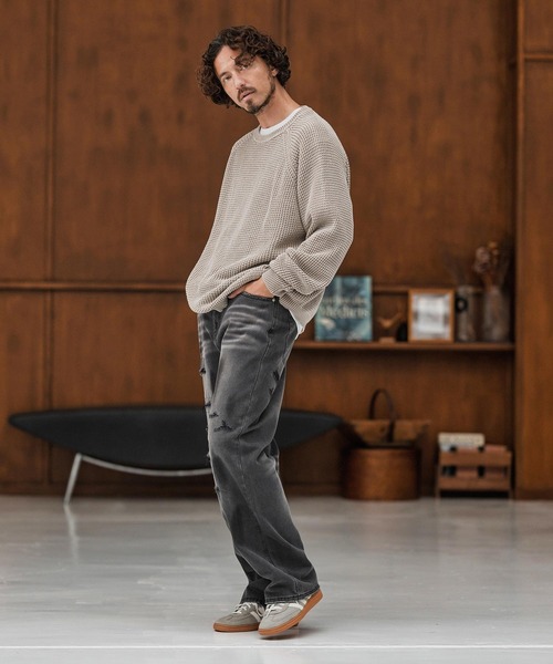 CAMBIO(カンビオ)の「mp13856-Distressed Denim Relax Straight Pants デニムパンツ(デニムパンツ・メンズ・ブラック/インディゴブルー・S/M/L)」の5枚目の写真