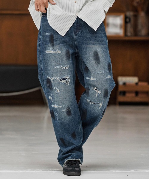 CAMBIO(カンビオ)の「mp13856-Distressed Denim Relax Straight Pants デニムパンツ(デニムパンツ・メンズ・ブラック/インディゴブルー・S/M/L)」の8枚目の写真