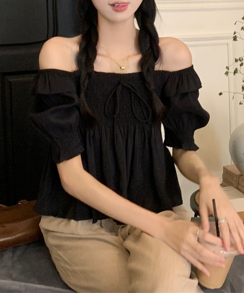 Lace Ladies(レースレディース)の「2way フロントリボン シャーリング パフスリーブ ブラウス(シャツ/ブラウス・レディース・ブラック/ブルー・XL/M)」の7枚目の写真