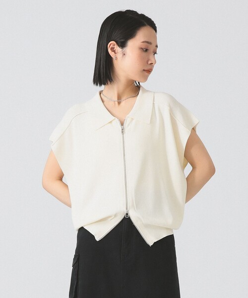 Ray BEAMS（レイビームス）の「フレンチスリーブ ジップ ポロ カーディガン（カーディガン/ボレロ・レディース・ブラック/アイボリー・ONE SIZE）」の4枚目の写真