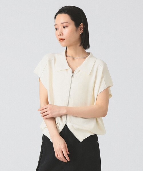 Ray BEAMS（レイビームス）の「フレンチスリーブ ジップ ポロ カーディガン（カーディガン/ボレロ・レディース・ブラック/アイボリー・ONE SIZE）」の5枚目の写真