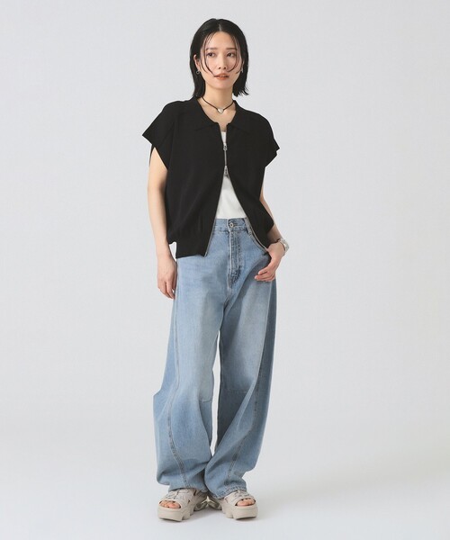 Ray BEAMS（レイビームス）の「フレンチスリーブ ジップ ポロ カーディガン（カーディガン/ボレロ・レディース・ブラック/アイボリー・ONE SIZE）」の7枚目の写真