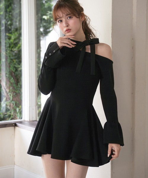 fupel ワンショルネックリボンポンチミニワンピース one-shoulder neck ribbon punch mini onepiece /ワンショル