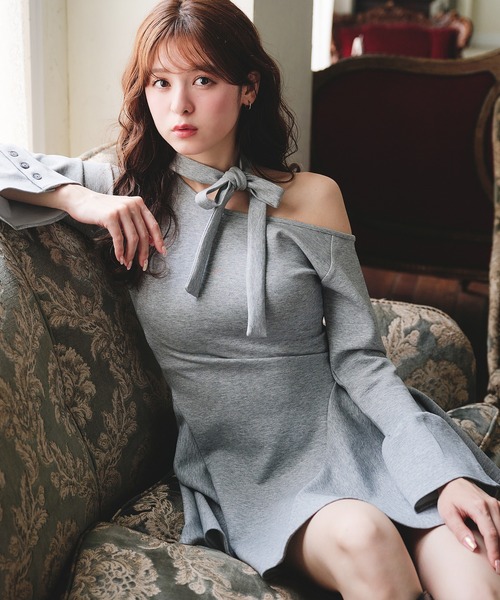 one-shoulder neck ribbon punch mini onepiece /ワンショルネック