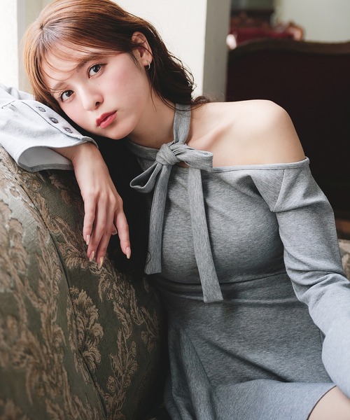 fupel（フぺル）の「one-shoulder neck ribbon punch mini onepiece /ワンショルネックリボンポンチミニワンピース（ワンピース・レディース・ブラック/グレー・FREE）」の8枚目の写真