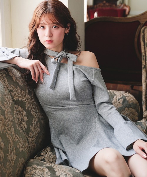 one-shoulder neck ribbon punch mini onepiece /ワンショルネック