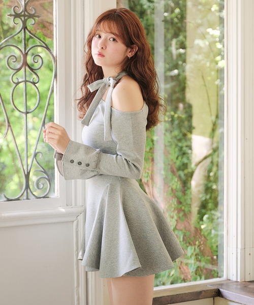 one-shoulder neck ribbon punch mini onepiece /ワンショルネック