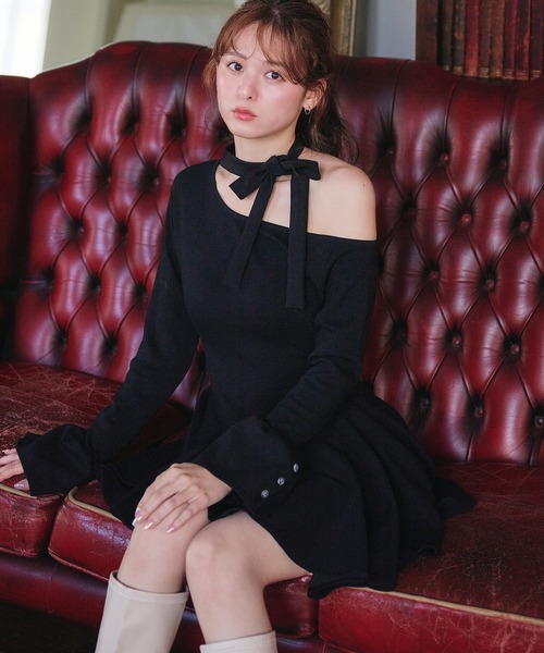 fupel（フぺル）の「one-shoulder neck ribbon punch mini onepiece /ワンショルネックリボンポンチミニワンピース（ワンピース・レディース・ブラック/グレー・FREE）」の16枚目の写真