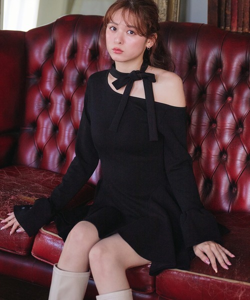 fupel（フぺル）の「one-shoulder neck ribbon punch mini onepiece /ワンショルネックリボンポンチミニワンピース（ワンピース・レディース・ブラック/グレー・FREE）」の17枚目の写真