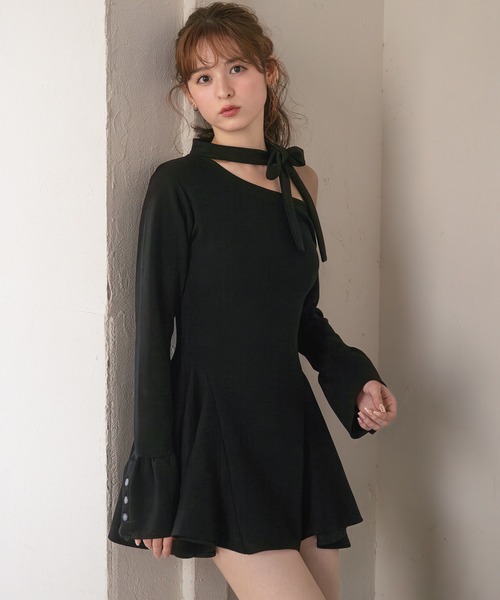 one-shoulder neck ribbon punch mini onepiece /ワンショルネック