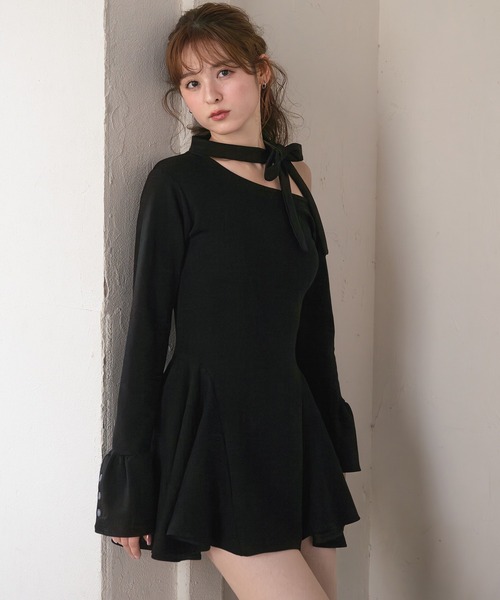 one-shoulder neck ribbon punch mini onepiece /ワンショルネック