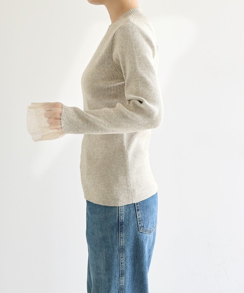 andme(アンドミー)の「シアー袖フリル長袖リブニットトップス(ニット/セーター・レディース・オフホワイト/ベージュ/ブラック/ブルー/グレー・M)」の7枚目の写真