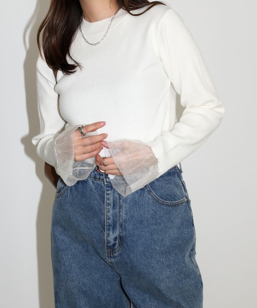 andme(アンドミー)の「シアー袖フリル長袖リブニットトップス(ニット/セーター・レディース・オフホワイト/ベージュ/ブラック/ブルー/グレー・M)」の14枚目の写真